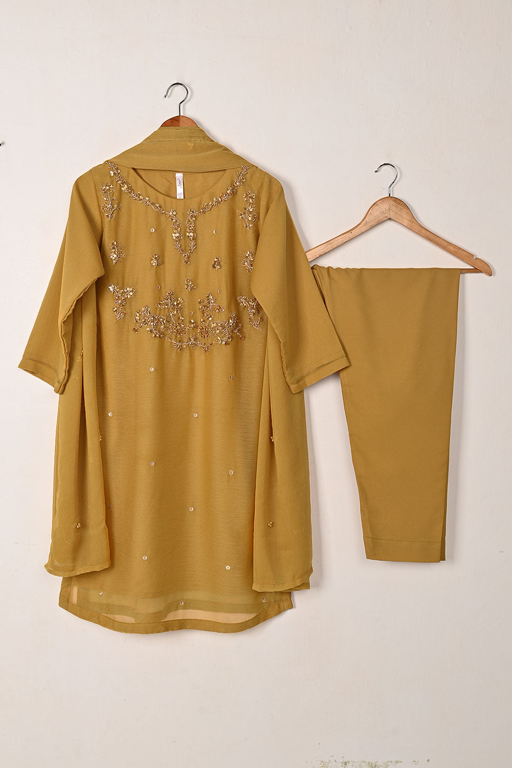 RTW-283-Mustard - 3Pc Ready to Wear Embroidered Adda Work Chiffon Dress