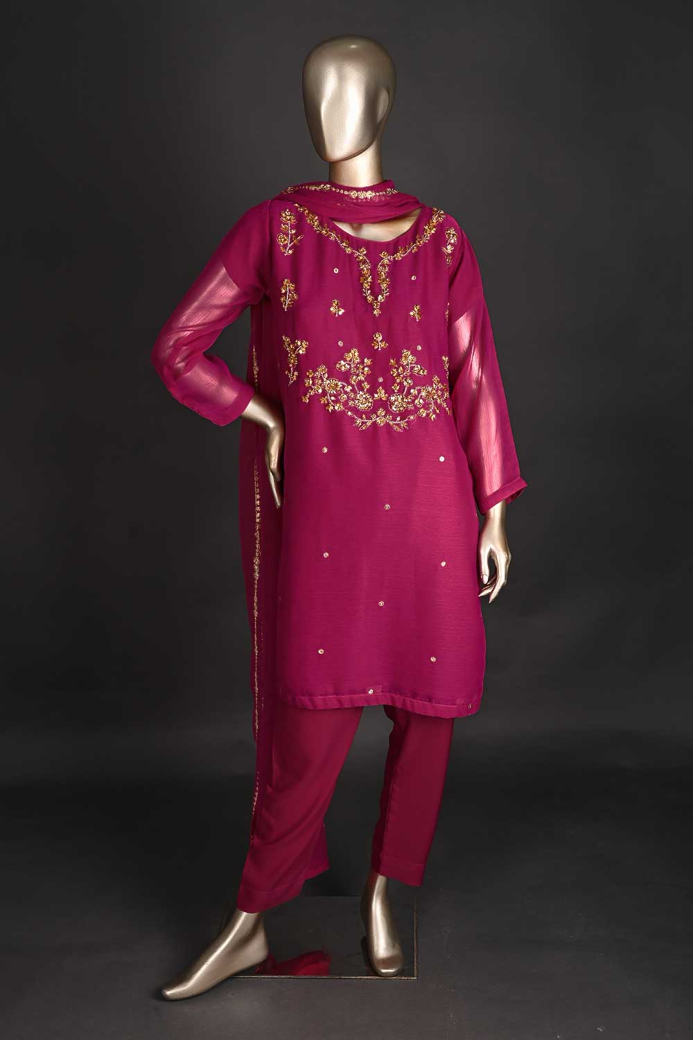 RTW-171-Fuchsia - 3Pc Ready to Wear Embroidered Adda Work Chiffon Dress