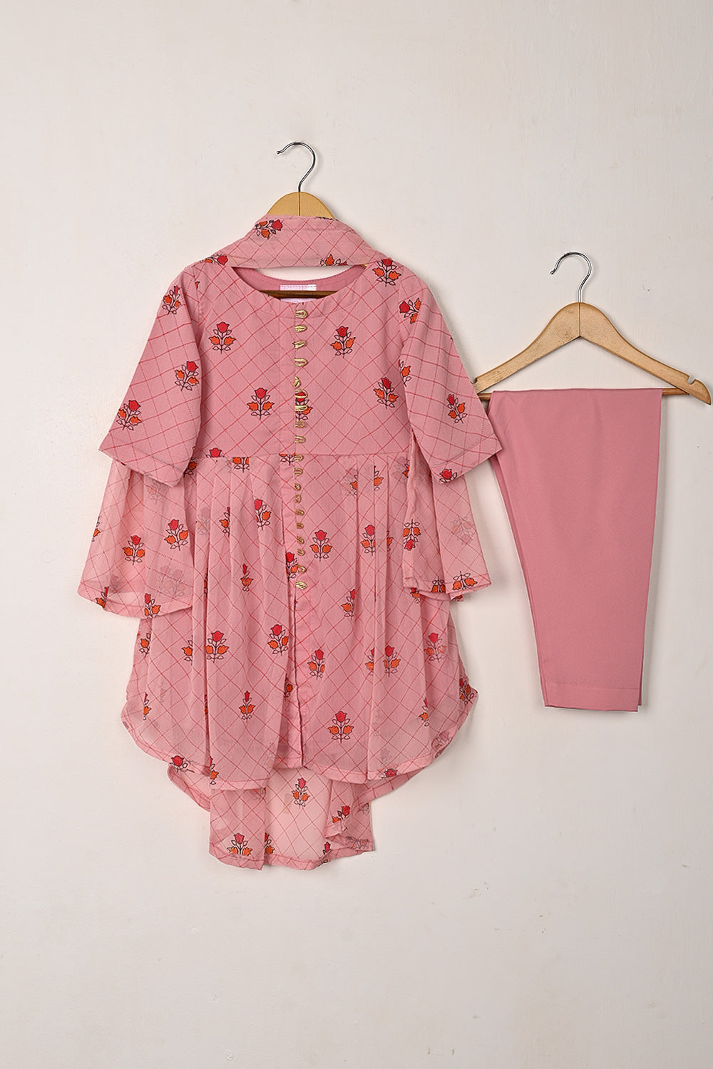 TKF-288-Pink - Kids 3Pc Chiffon Printed Frock