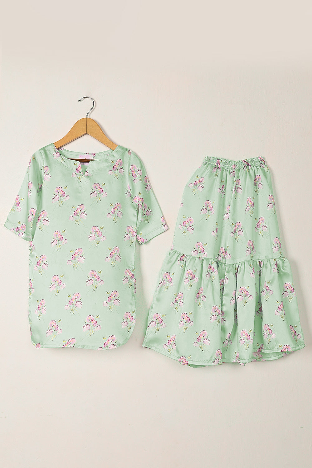 TKF-275-Sea Green - Kids 2Pc Ready to Wear Silk Printed Dress