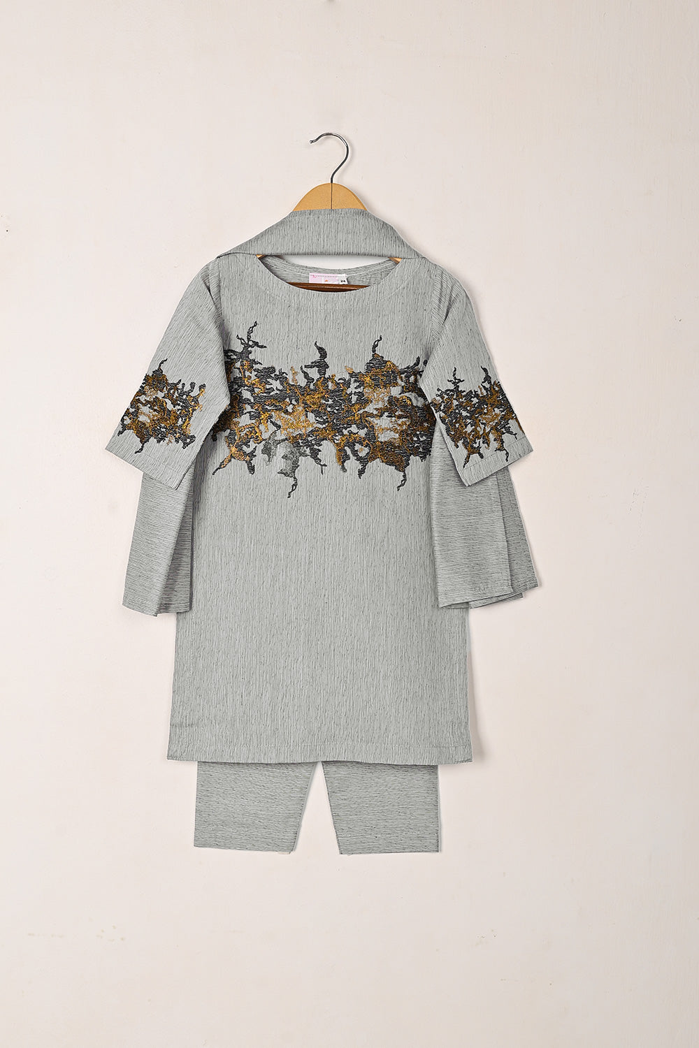 TKF-270-Gray - Kids 3Pc Paper Cotton Embroidered Dress