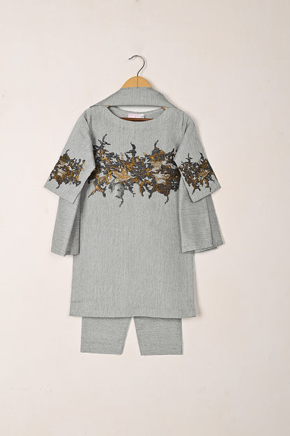 TKF-270-Gray - Kids 3Pc Paper Cotton Embroidered Dress