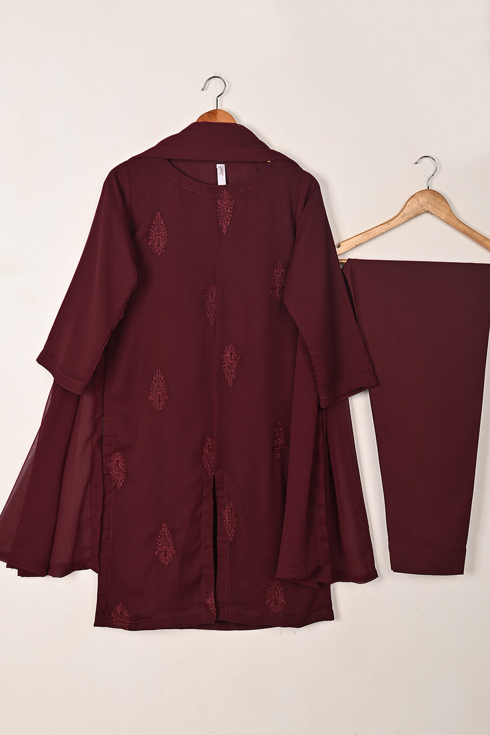 RTW-289-Maroon -  3Pc Ready to Wear Embroidered Chiffon Dress