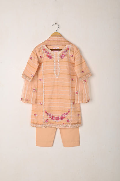 TKF-290-Peach - Kids 3Pc Ready to Wear Jacquard Organza Embroidered Dress