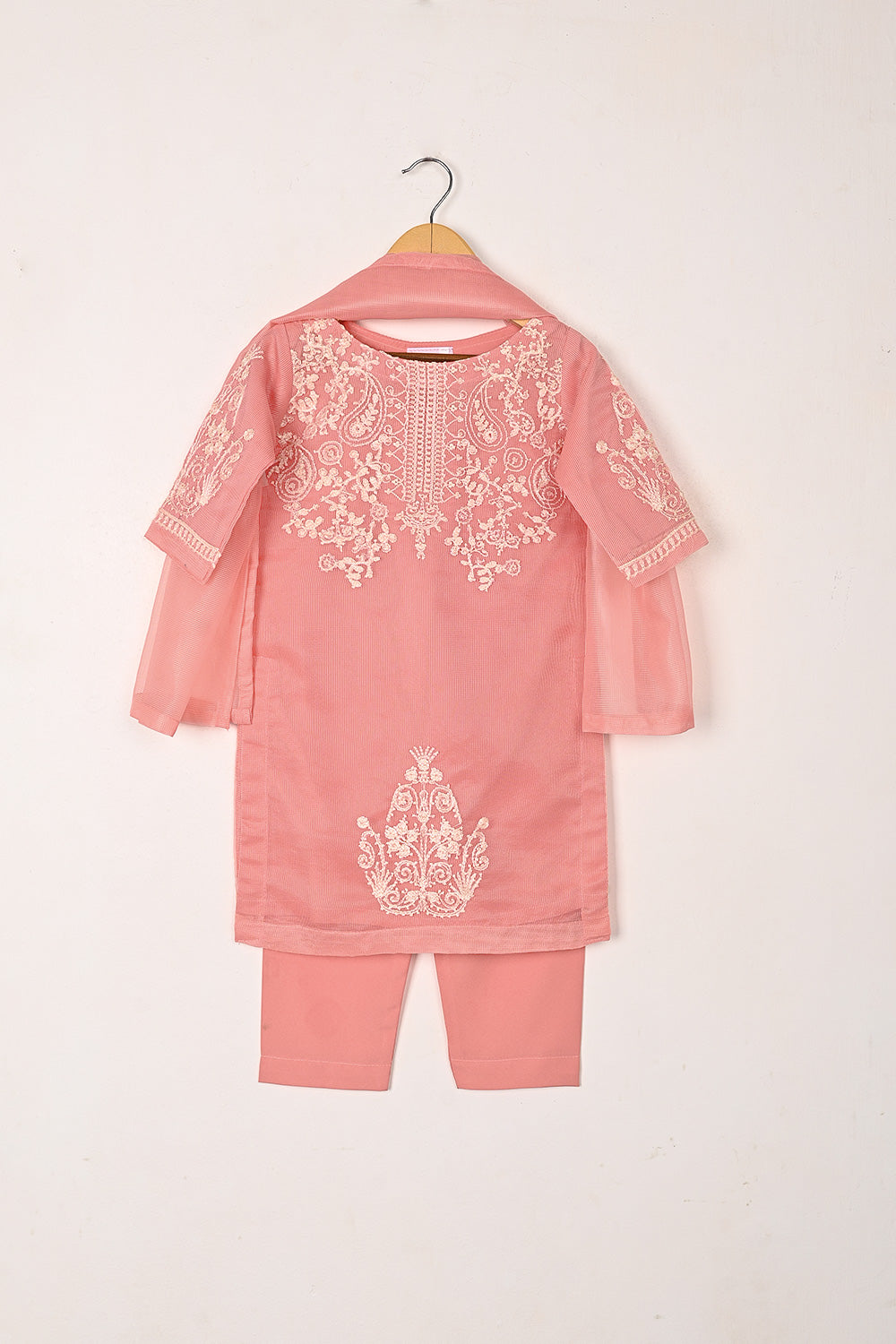 TKF-304-Peach - Kids 3Pc Ready to Wear Javeria Net Embroidered Formal Dress