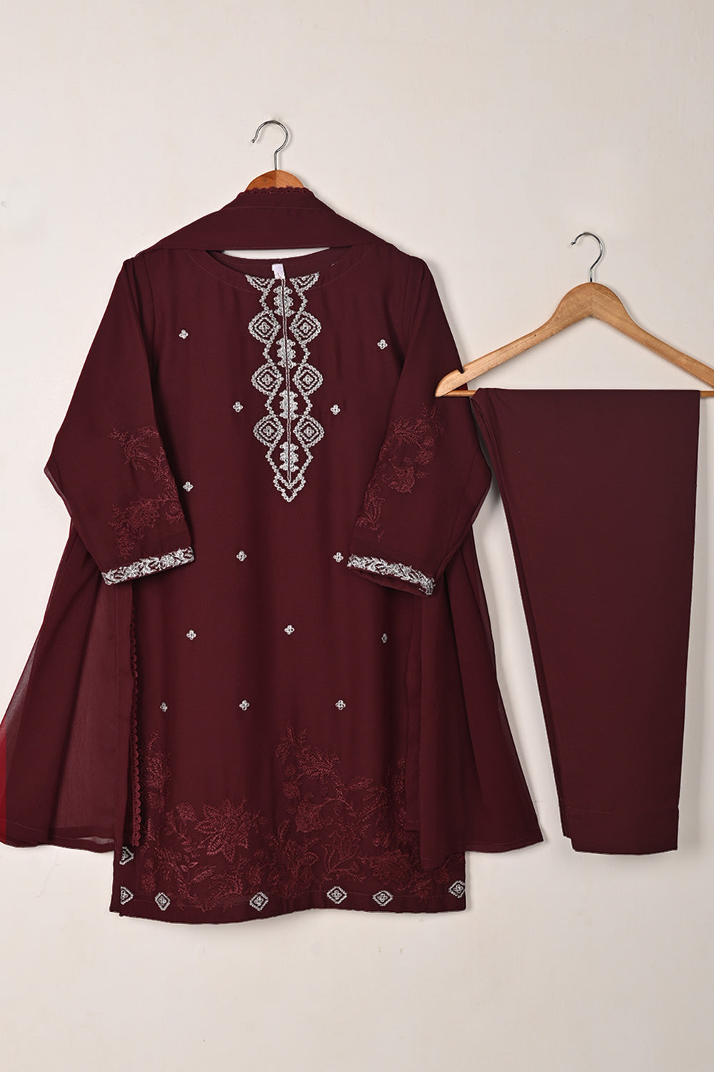 RTW-285-Maroon -  3Pc Ready to Wear Embroidered Chiffon Dress