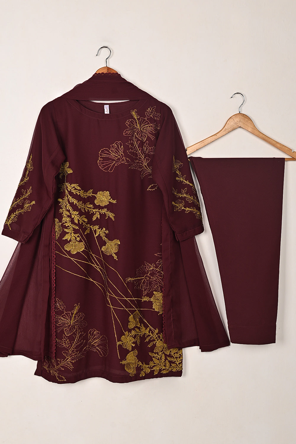 RTW-287-Maroon -  3Pc Ready to Wear Embroidered Chiffon Dress