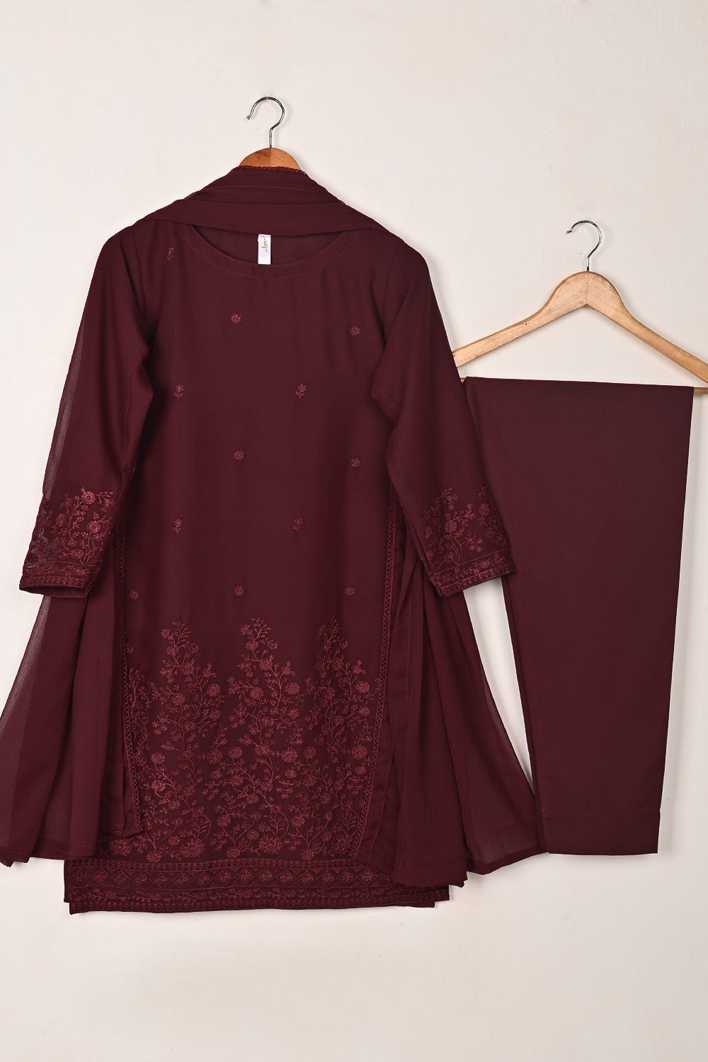 RTW-288-Maroon -  3Pc Ready to Wear Embroidered Chiffon Dress