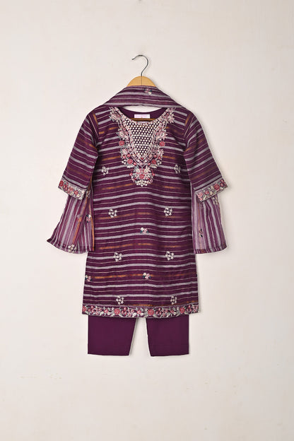 TKF-289-Purple - Kids 3Pc Ready to Wear Jacquard Organza Embroidered Dress