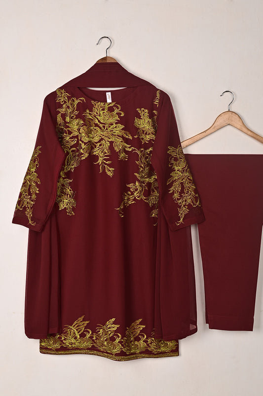 RTW-309-Maroon -  3Pc Ready to Wear Embroidered Chiffon Dress