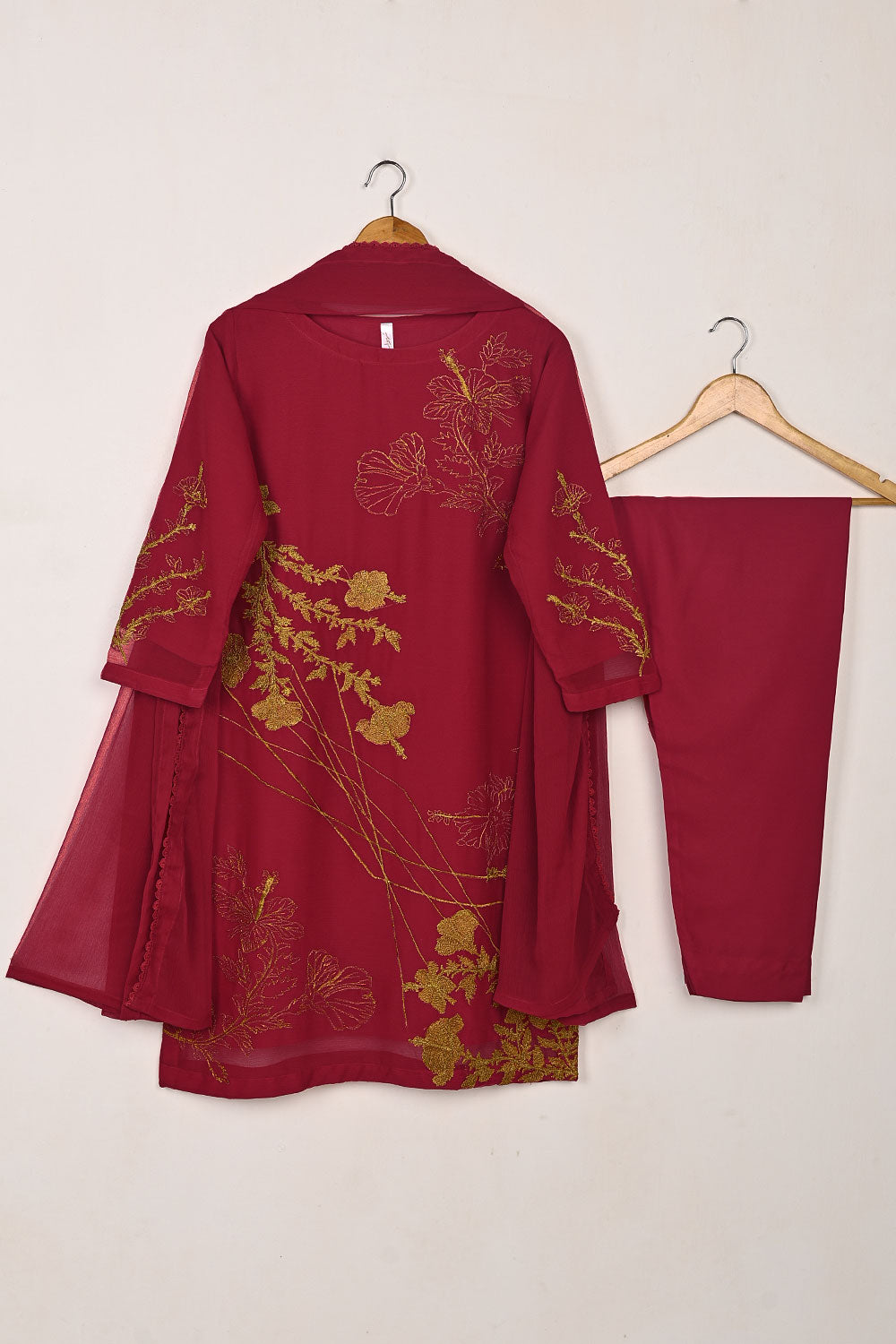 RTW-275-Red -  3Pc Ready to Wear Embroidered Chiffon Dress