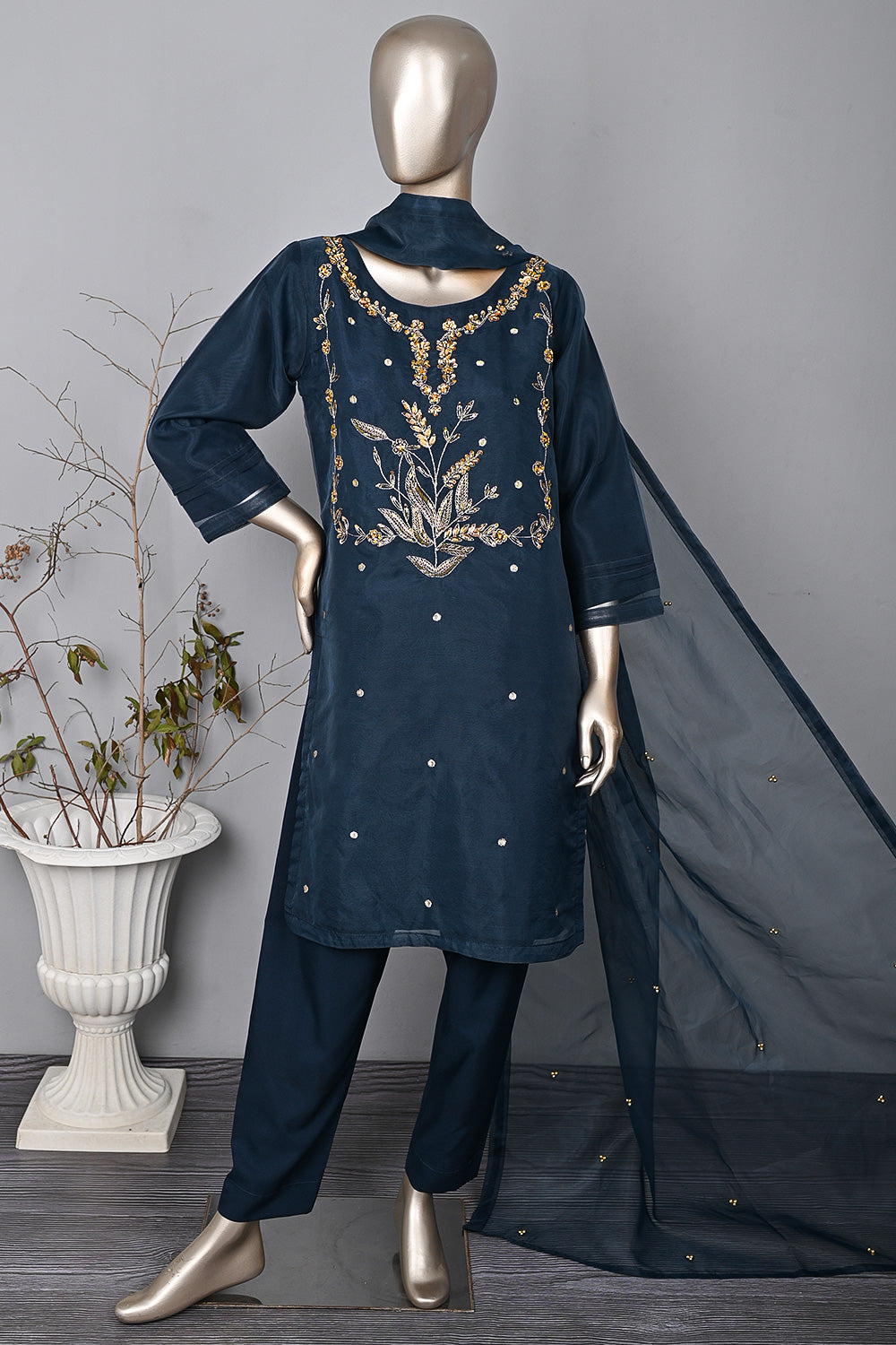 RTW-292-NavyBlue - 3Pc Ready to Wear Embroidered Premium Adda Work Organza Dress