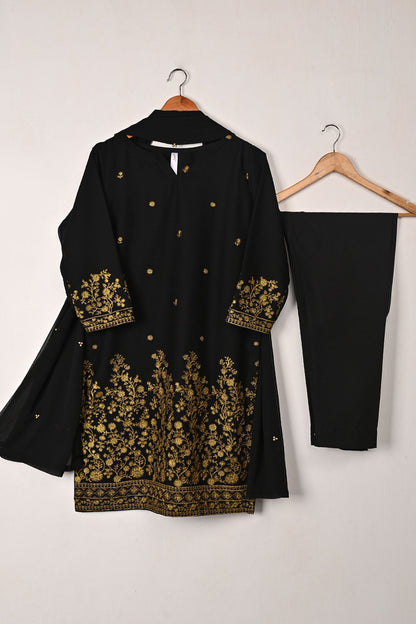 RTW-306-Black -  3Pc Ready to Wear Embroidered Chiffon Dress