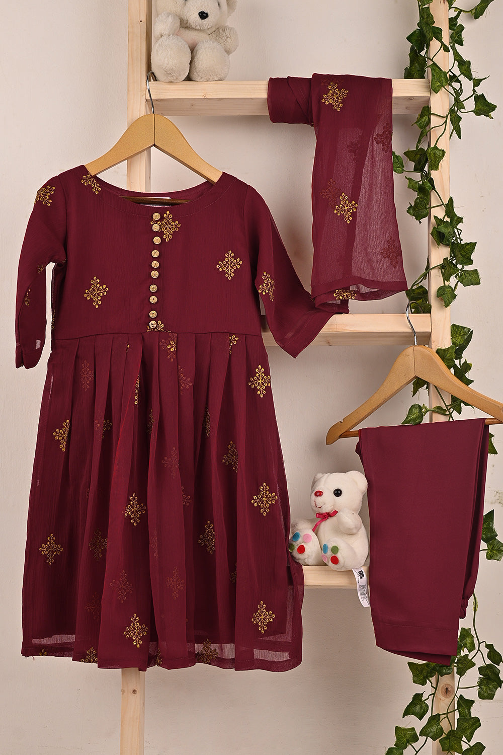 TKF-186-Maroon - Kids 3Pc Chiffon Embroidered Frock