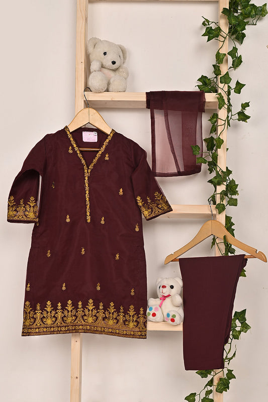 TKF-306-Maroon - Kids 3Pc Organza Embroidered Formal Dress