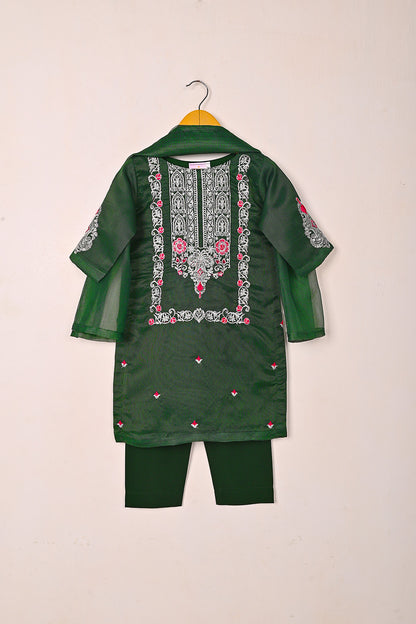 TKF-283-Bottle Green - Kids 3Pc Ready to Wear Javeria Net Embroidered Formal Dress