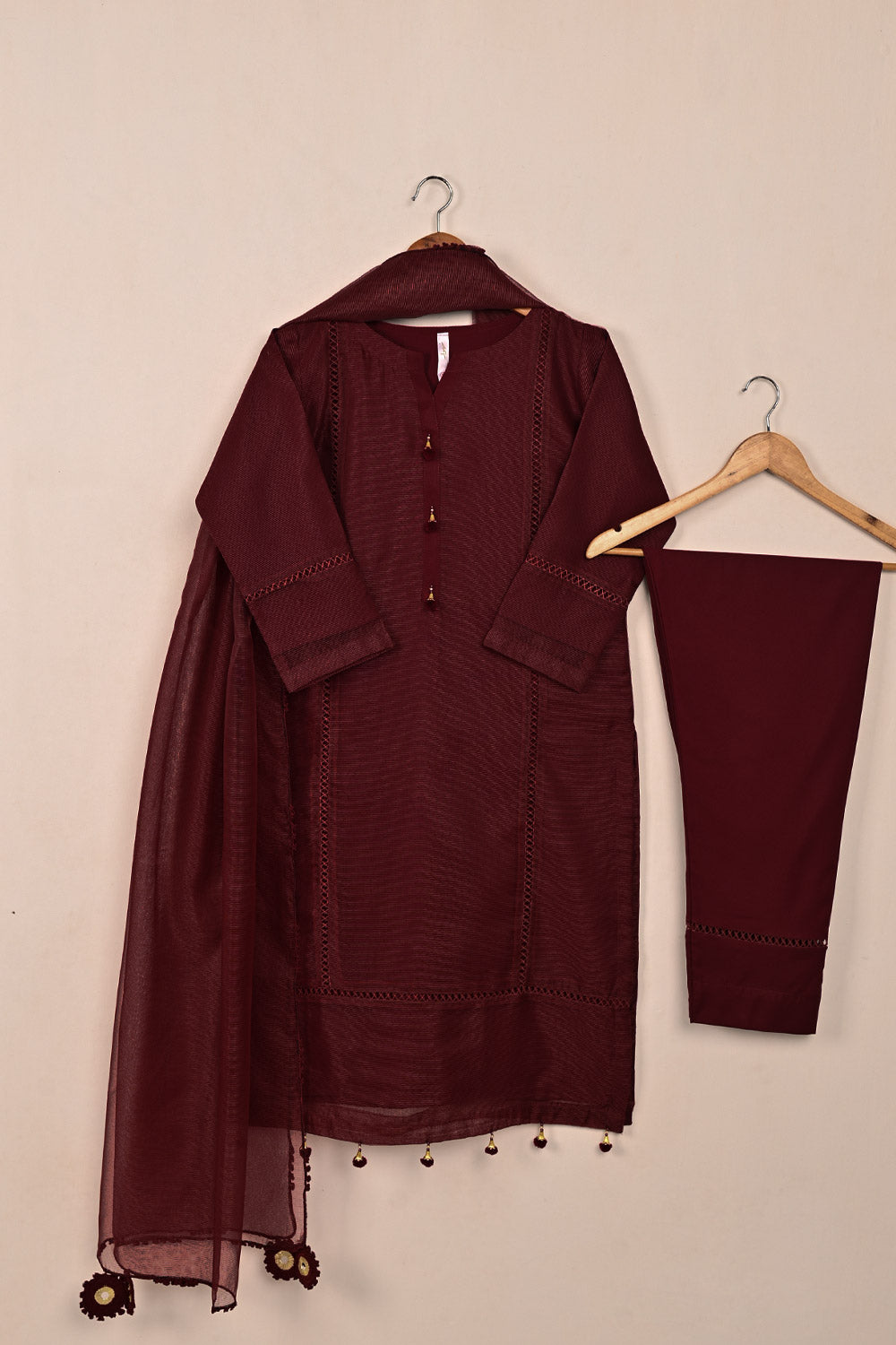 RTW-203-Maroon -  3Pc Ready to Wear Javeria Net Dress