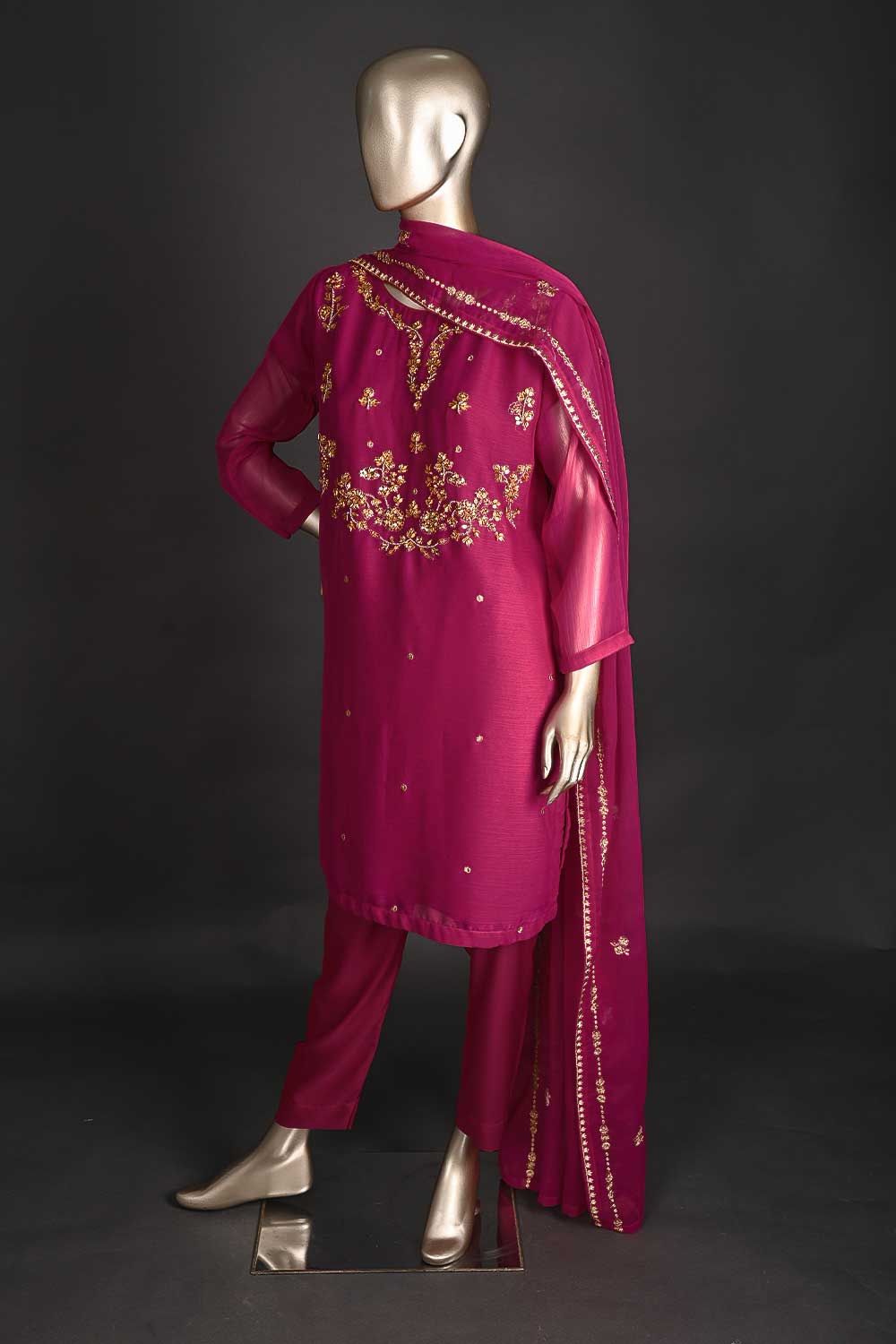 RTW-171-Fuchsia - 3Pc Ready to Wear Embroidered Adda Work Chiffon Dress