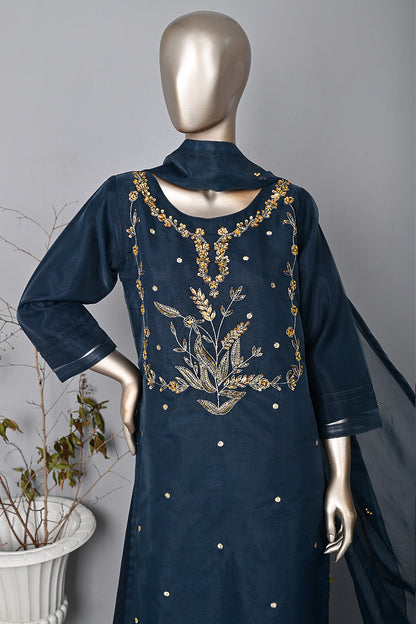 RTW-292-NavyBlue - 3Pc Ready to Wear Embroidered Premium Adda Work Organza Dress