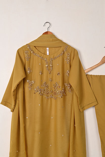 RTW-283-Mustard - 3Pc Ready to Wear Embroidered Adda Work Chiffon Dress