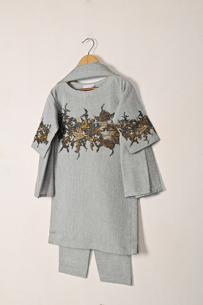 TKF-270-Gray - Kids 3Pc Paper Cotton Embroidered Dress