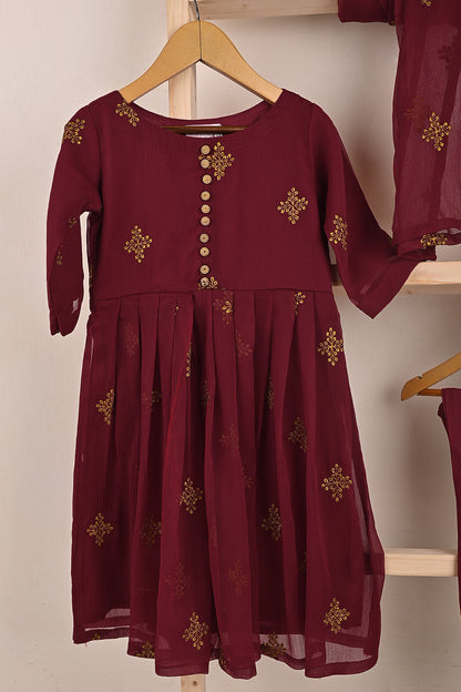 TKF-186-Maroon - Kids 3Pc Chiffon Embroidered Frock