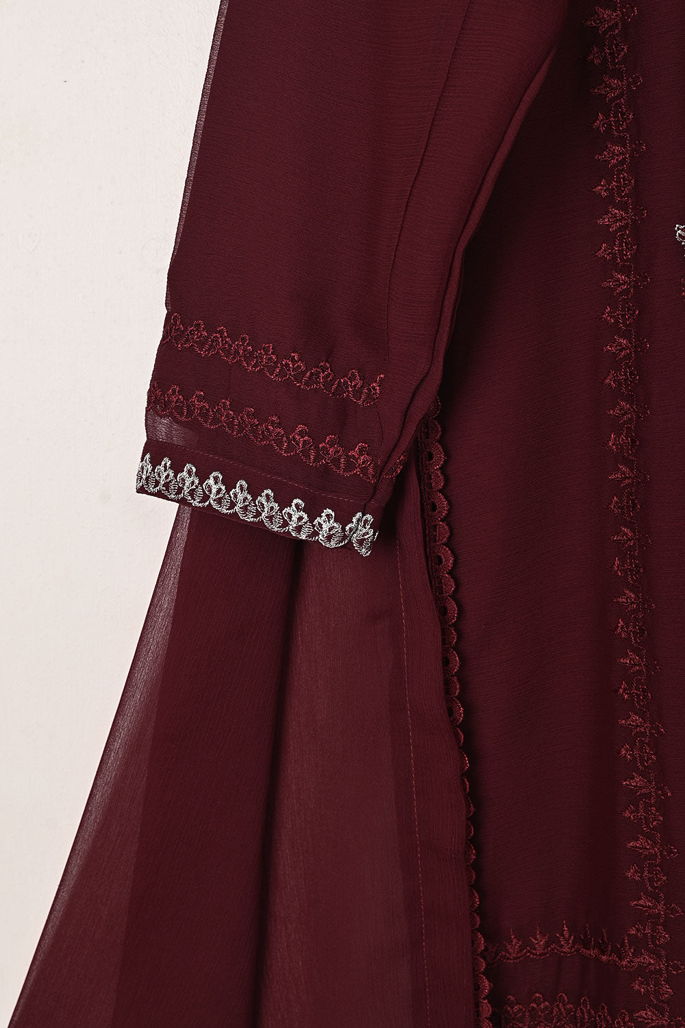 RTW-286-Maroon -  3Pc Ready to Wear Embroidered Chiffon Dress