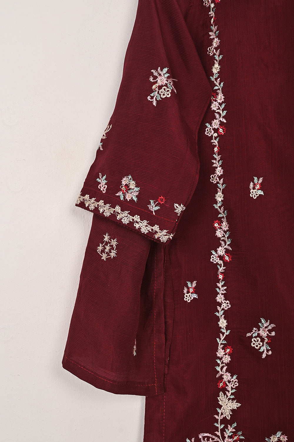 TKF-264-Maroon - Kids 3Pc Ready to Wear Raw Silk Embroidered Dress