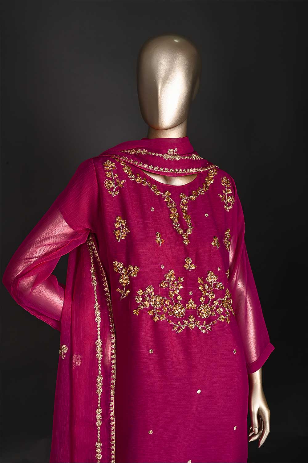 RTW-171-Fuchsia - 3Pc Ready to Wear Embroidered Adda Work Chiffon Dress