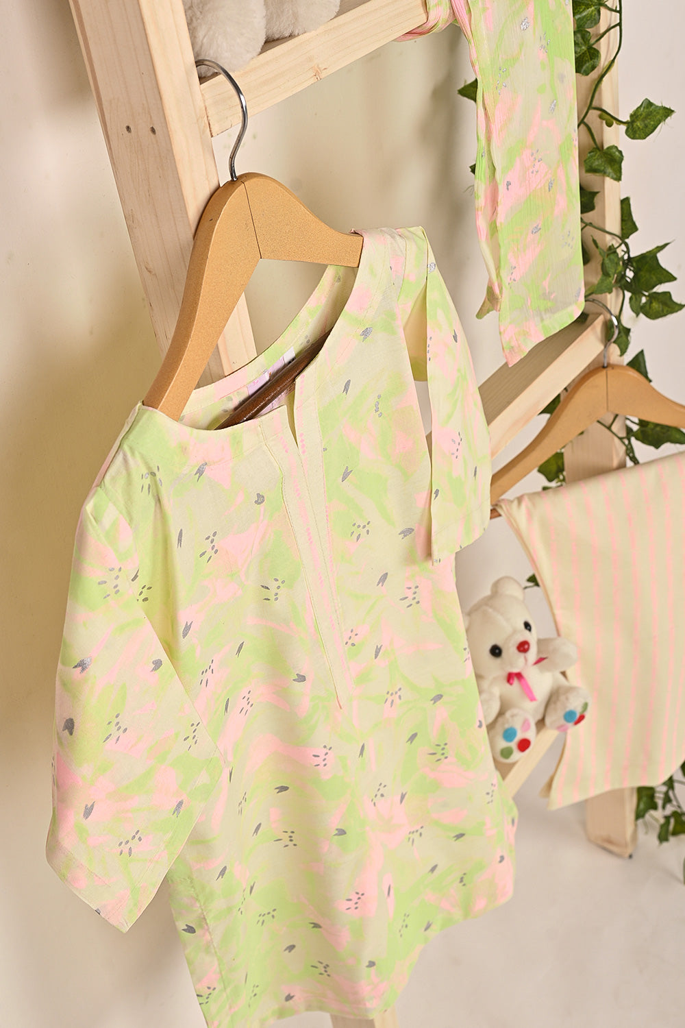 TKF-308-Cream - Kids 3Pc Cotton Printed Dress