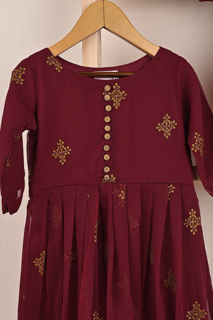 TKF-186-Maroon - Kids 3Pc Chiffon Embroidered Frock