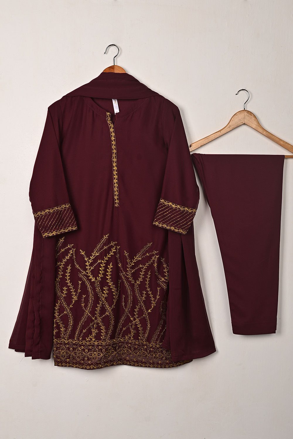 RTW-301-Maroon -  3Pc Ready to Wear Embroidered Chiffon Dress