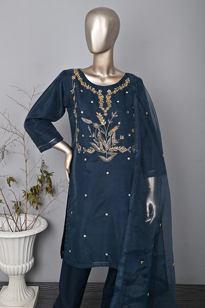 RTW-292-NavyBlue - 3Pc Ready to Wear Embroidered Premium Adda Work Organza Dress