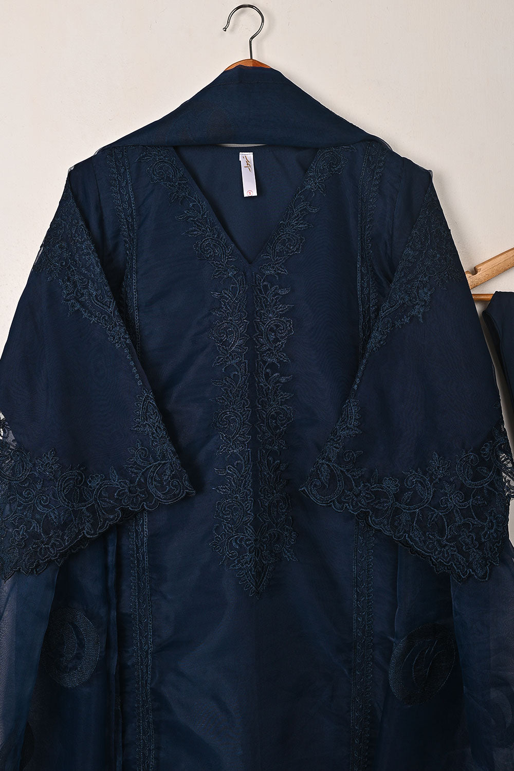 RTW-300-Navy Blue - 3Pc Ready to Wear Cut Work Embroidered Organza Dress