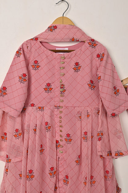 TKF-288-Pink - Kids 3Pc Chiffon Printed Frock