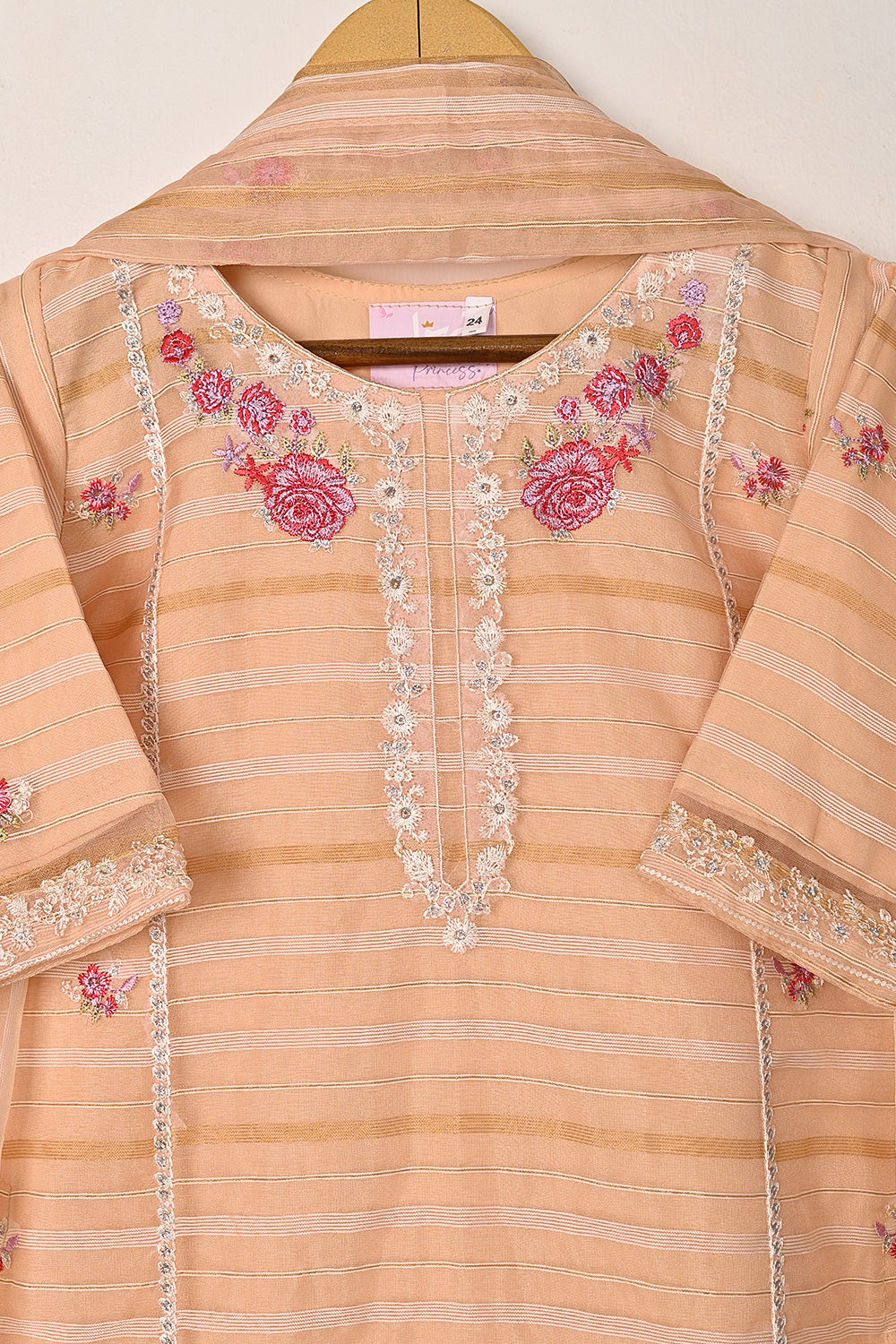 TKF-290-Peach - Kids 3Pc Ready to Wear Jacquard Organza Embroidered Dress