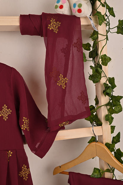 TKF-186-Maroon - Kids 3Pc Chiffon Embroidered Frock