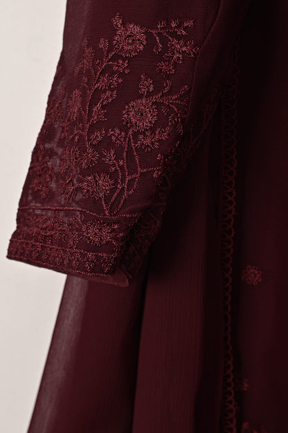 RTW-288-Maroon -  3Pc Ready to Wear Embroidered Chiffon Dress