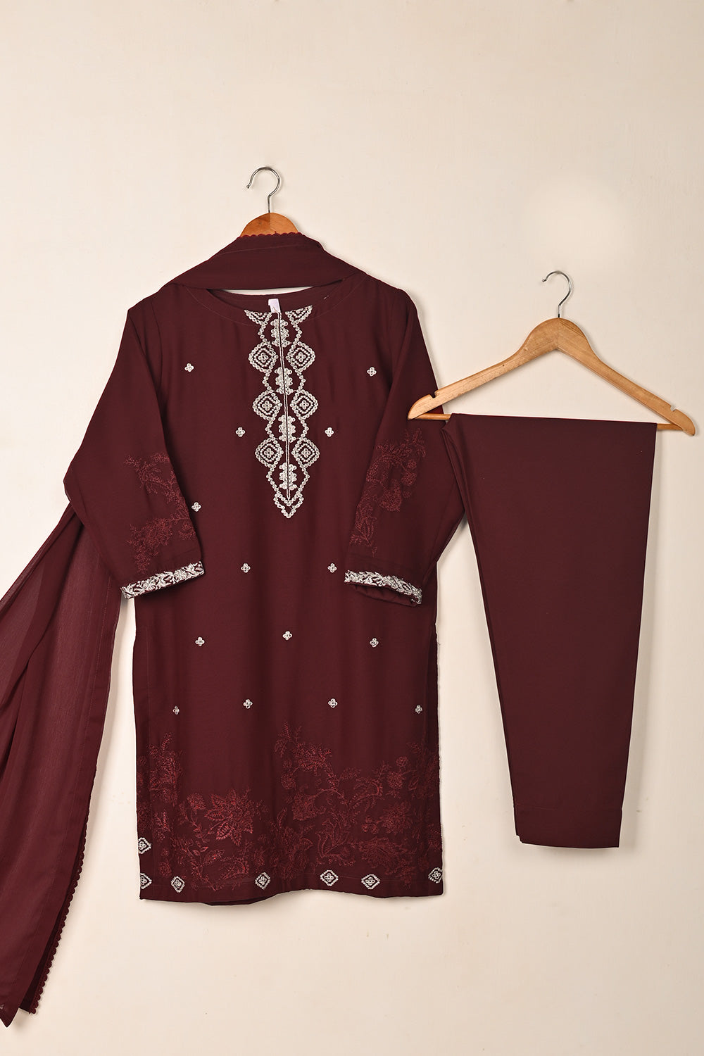 RTW-285-Maroon -  3Pc Ready to Wear Embroidered Chiffon Dress