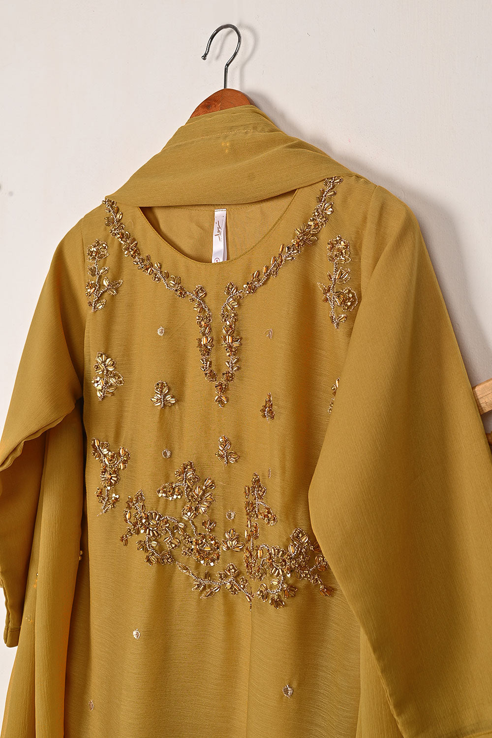 RTW-283-Mustard - 3Pc Ready to Wear Embroidered Adda Work Chiffon Dress