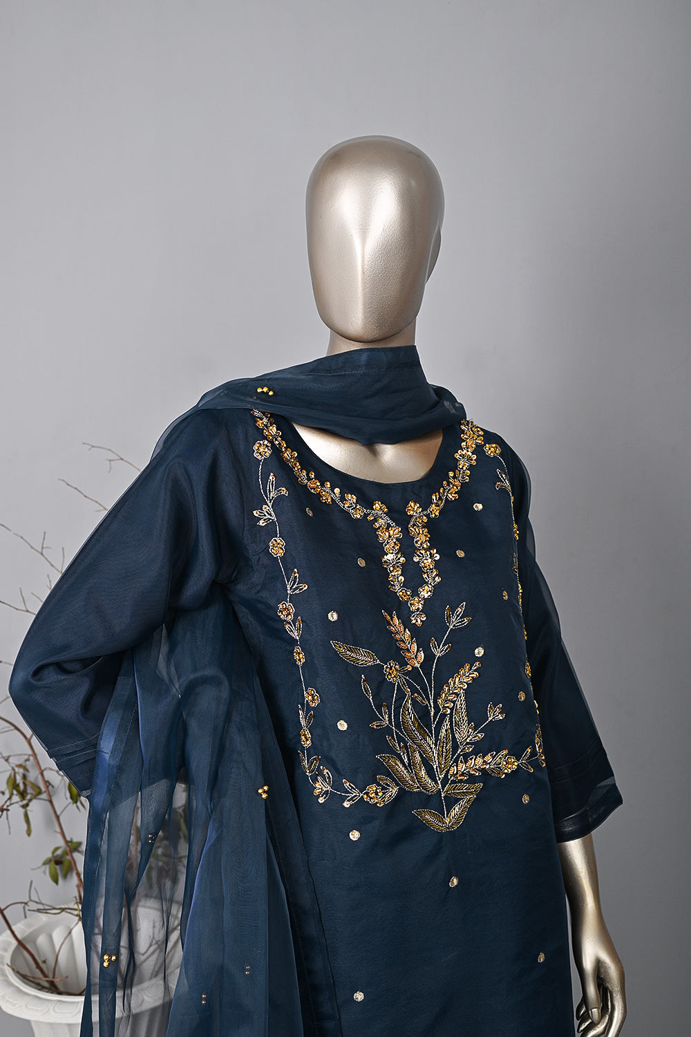 RTW-292-NavyBlue - 3Pc Ready to Wear Embroidered Premium Adda Work Organza Dress