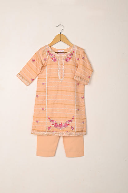 TKF-290-Peach - Kids 3Pc Ready to Wear Jacquard Organza Embroidered Dress