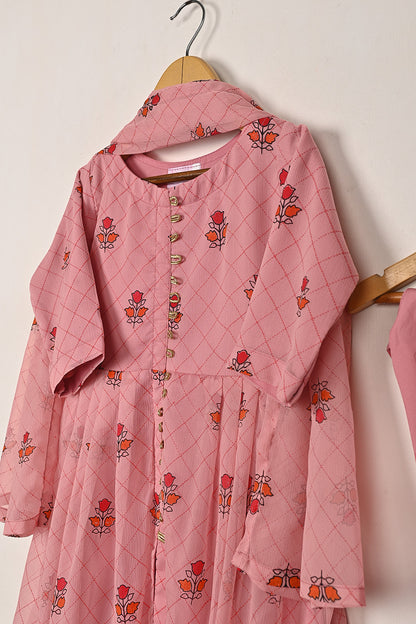 TKF-288-Pink - Kids 3Pc Chiffon Printed Frock