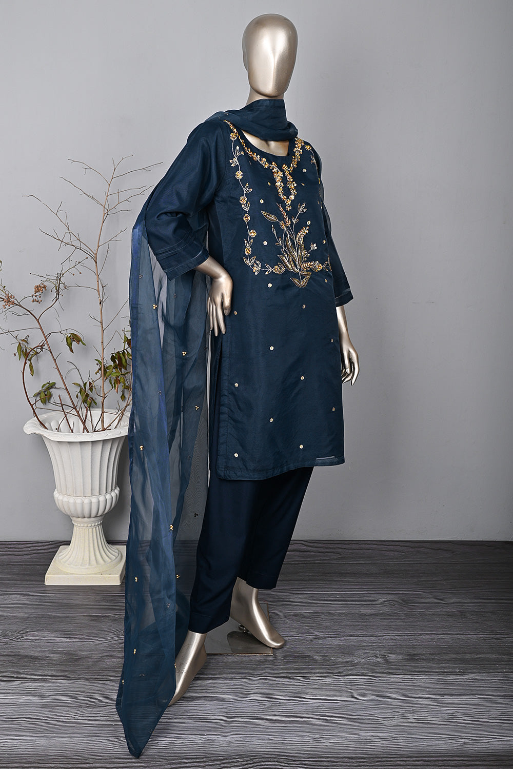 RTW-292-NavyBlue - 3Pc Ready to Wear Embroidered Premium Adda Work Organza Dress