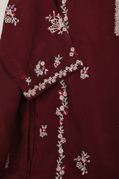 TKF-264-Maroon - Kids 3Pc Ready to Wear Raw Silk Embroidered Dress