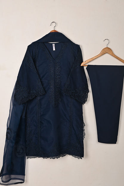 RTW-300-Navy Blue - 3Pc Ready to Wear Cut Work Embroidered Organza Dress