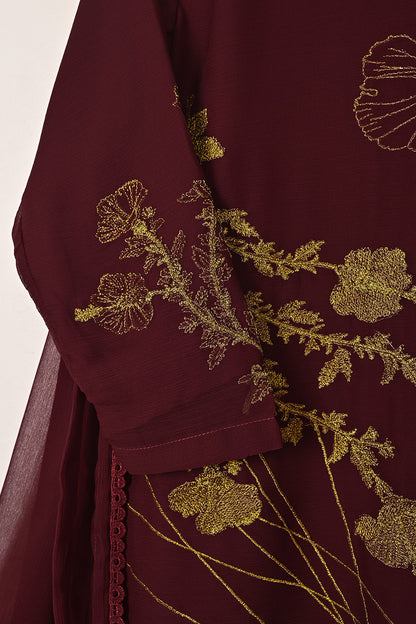 RTW-287-Maroon -  3Pc Ready to Wear Embroidered Chiffon Dress