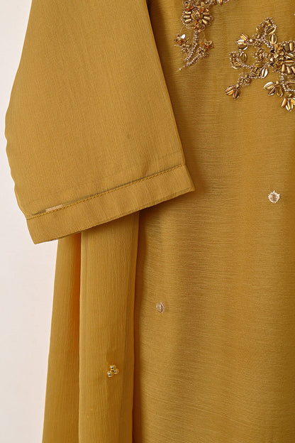 RTW-283-Mustard - 3Pc Ready to Wear Embroidered Adda Work Chiffon Dress