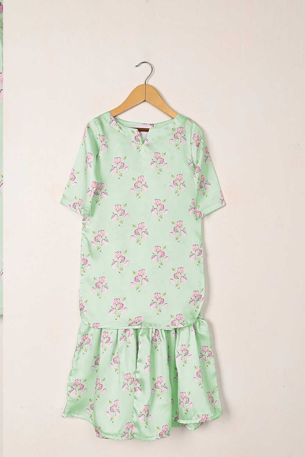 TKF-275-Sea Green - Kids 2Pc Ready to Wear Silk Printed Dress