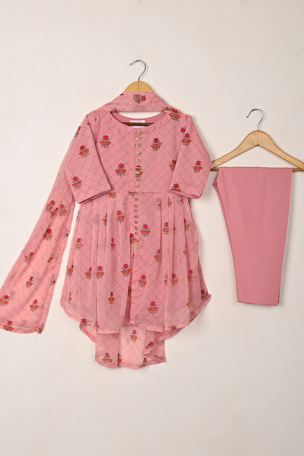 TKF-288-Pink - Kids 3Pc Chiffon Printed Frock